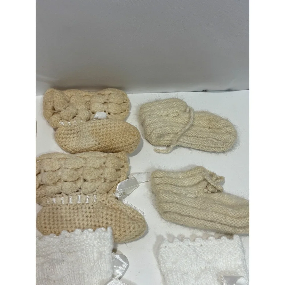 VTG Handmade Knit Baby Set NB White Vintage Style Cardigan Bonnet Booties Bib